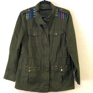 Foreign Exchange Utility Jacket Medium Green Embroidered Star Studs 100% Cotton
